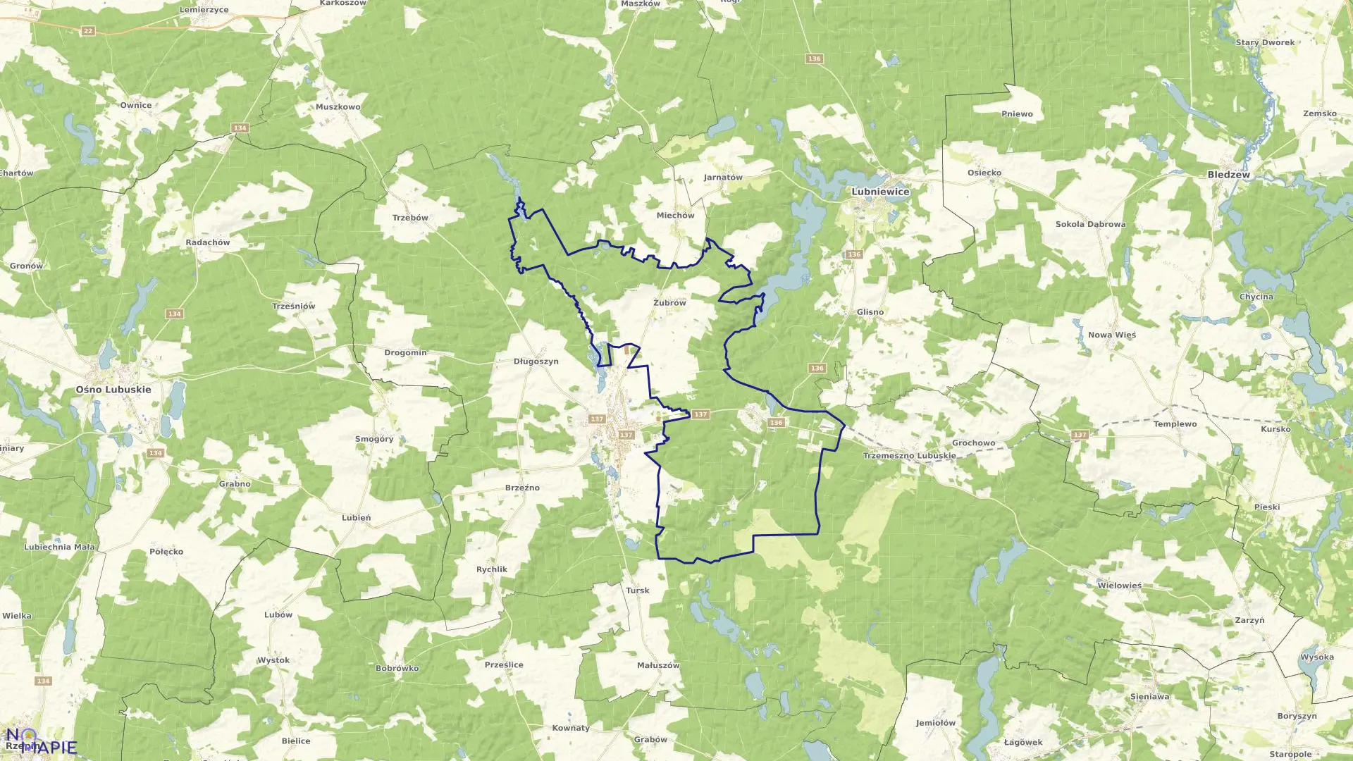 Mapa obrębu Żubrów w gminie Sulęcin